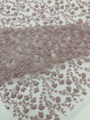 Shimmer Glitter Flower Fabric - Light Lilac - Small Glitter Flower Design on Lace Sold By Yard