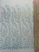 Clear Iridescent Leaf Design - Clear on Light Pink - Embroidered Beaded Sequins Mesh Fabric by Yard
