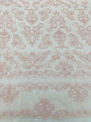 Beaded My Lady Damask Design - Light Pink - Beaded Fancy Damask Embroidered Fabric By Yard