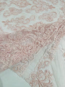 Beaded My Lady Damask Design - Light Pink - Beaded Fancy Damask Embroidered Fabric By Yard