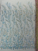 Clear Iridescent Leaf Design - Clear on Light Pink - Embroidered Beaded Sequins Mesh Fabric by Yard