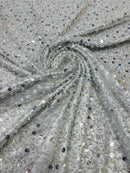 Heavy Duty Sequins Pearl Fabric - Light Silver - Heavy Handmade Embroidery Lace with Sequins All Over By Yard
