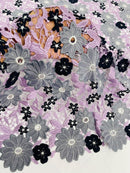 Multi-Color Guipure Lace Design Fabric - Lilac/Silver/Black - Floral Lace Fabric by Yard