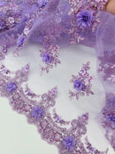 3D Floral Pearl Design - Lilac - Floral Embroidered Pearls and Sequins Fabric By Yard
