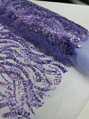 Floral Beaded Wavy Fabric - Lilac - Beaded Sequins Wavy Embroidered Fabric Sold By Yard