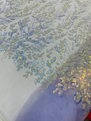 Clear Iridescent Leaf Design - Clear on Lilac - Embroidered Beaded Sequins Mesh Fabric by Yard