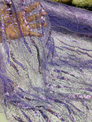 Wavy Design Beaded Fabric - Lilac - Beaded Wavy Leaf Embroidered Fabric By Yard