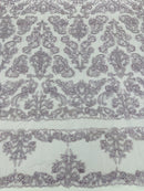 Beaded My Lady Damask Design - Lilac - Beaded Fancy Damask Embroidered Fabric By Yard