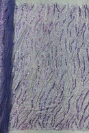 Wavy Design Beaded Fabric - Lilac - Beaded Wavy Leaf Embroidered Fabric By Yard