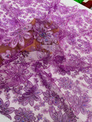 Corded Lace Floral Fabric - Lilac - Hologram Sequins Metallic Thread Floral Fabric by Yard