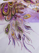 Peacock Feathers Lace Fabric - Lilac - Peacock Feather Design on Lace Mesh Fabric Sold by Panel