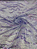 Wavy Design Beaded Fabric - Lilac - Beaded Wavy Leaf Embroidered Fabric By Yard