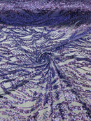 Floral Beaded Wavy Fabric - Lilac - Beaded Sequins Wavy Embroidered Fabric Sold By Yard