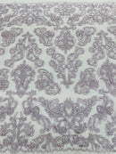 Beaded My Lady Damask Design - Lilac - Beaded Fancy Damask Embroidered Fabric By Yard
