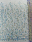 Clear Iridescent Leaf Design - Clear on Lilac - Embroidered Beaded Sequins Mesh Fabric by Yard