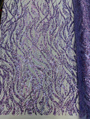 Floral Beaded Wavy Fabric - Lilac - Beaded Sequins Wavy Embroidered Fabric Sold By Yard