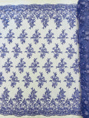 3D Embroidered Floral Fabric - Lilac - 3D Rhinestone and Sequins Floral Fabric Sold By Yard