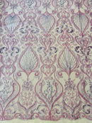 Damask Leaf Bead Fabric - Lilac - Heavy Beaded Embroidered Sequins Lace Fabric by Yard