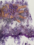 Floral Leaf Beaded Fabric - Lilac - Embroidered Flower Leaf Design Beaded Fabric By Yard