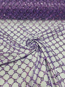 Beaded Diamond Net Fabric - Lilac - Embroidered Geometric Beaded Sequins Fabric Sold By Yard