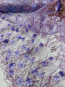 3D Glitter Floral Design Fabric - Lilac - Floral Line Design Embroidered Sequins Fabric by Yard