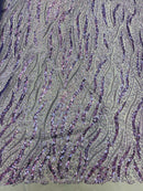 Wavy Design Beaded Fabric - Lilac - Beaded Wavy Leaf Embroidered Fabric By Yard