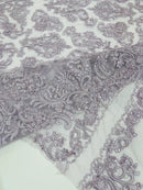 Beaded My Lady Damask Design - Lilac - Beaded Fancy Damask Embroidered Fabric By Yard