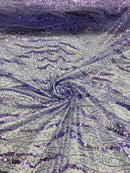 Wavy Design Beaded Fabric - Lilac - Beaded Wavy Leaf Embroidered Fabric By Yard
