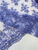 3D Embroidered Floral Fabric - Lilac - 3D Rhinestone and Sequins Floral Fabric Sold By Yard