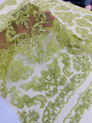 Beaded My Lady Damask Design - Lime Green - Beaded Fancy Damask Embroidered Fabric By Yard