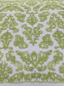 Beaded My Lady Damask Design - Lime Green - Beaded Fancy Damask Embroidered Fabric By Yard