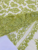 Beaded My Lady Damask Design - Lime Green - Beaded Fancy Damask Embroidered Fabric By Yard