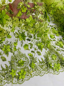 3D Flower Glitter Fabric - Lime Green - Floral Glitter Sequin Design on Lace Mesh Fabric by Yard