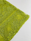 Beaded My Lady Damask Design - Lime Green - Beaded Fancy Damask Embroidered Fabric By Yard