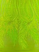 Phoenix Wing Sequins - Lime Iridescent - 4 Way Stretch Wings Pattern Design Fabric By Yard