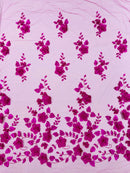 3D Floral Pearl Fabric - Magenta - Embroidered Floral Pearl Fabric Single Border On Mesh By Yard
