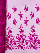 3D Floral Pearl Fabric - Magenta - Embroidered Floral Pearl Fabric Single Border On Mesh By Yard