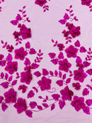 3D Floral Pearl Fabric - Magenta - Embroidered Floral Pearl Fabric Single Border On Mesh By Yard
