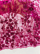 3D Flower Rhinestone Design - Magenta - Embroidered Flower Sequins Lace Fabric By Yard