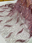 Beaded Fire Design Fabric - Mauve - Fire Flame Design Sequins and Beads on Mesh by Yard