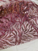 Beaded Fire Design Fabric - Mauve - Fire Flame Design Sequins and Beads on Mesh by Yard