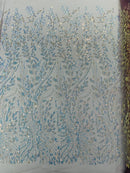 Clear Iridescent Leaf Design - Clear on Mauve - Embroidered Beaded Sequins Mesh Fabric by Yard