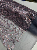 Floral Beaded Wavy Fabric - Light Plum on Black - Beaded Sequins Wavy Embroidered Fabric Sold By Yard