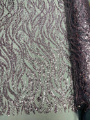 Floral Beaded Wavy Fabric - Light Plum on Black - Beaded Sequins Wavy Embroidered Fabric Sold By Yard