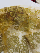 Rose Glitter Fabric - Metallic Gold - 3D Glitter Rose Tulle Fabric for Wedding, Quinceañera By Yard