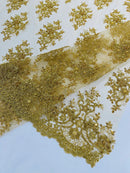 Floral Pearl Bead Fabric - Metallic Gold - Flower Design with Beads and Sequins Fabric Sold By Yard