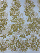 Rose Glitter Fabric - Metallic Gold - 3D Glitter Rose Tulle Fabric for Wedding, Quinceañera By Yard
