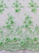 3D Embroidered Floral Fabric - Mint - 3D Rhinestone and Sequins Floral Fabric Sold By Yard