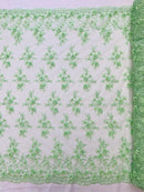 3D Embroidered Floral Fabric - Mint - 3D Rhinestone and Sequins Floral Fabric Sold By Yard