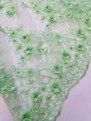 3D Embroidered Floral Fabric - Mint - 3D Rhinestone and Sequins Floral Fabric Sold By Yard